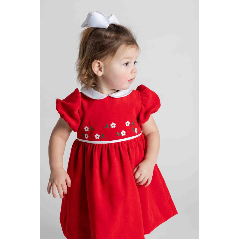 VELVET WAIST DRESS WITH FLOWERS - - RED