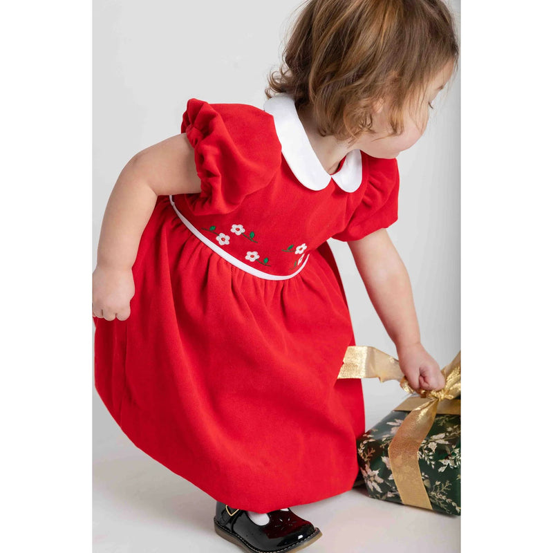 VELVET WAIST DRESS WITH FLOWERS - - RED