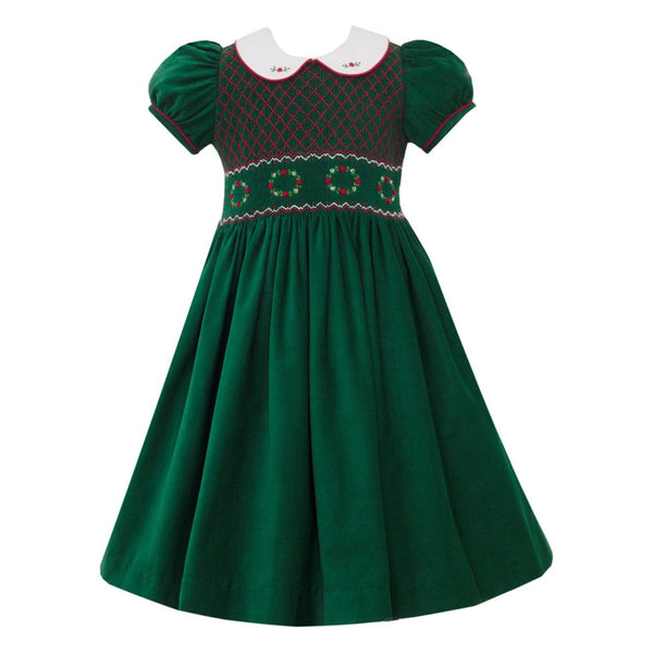 GREEN CORDUROY SMOCKED DRESS -sizes 7 & 8