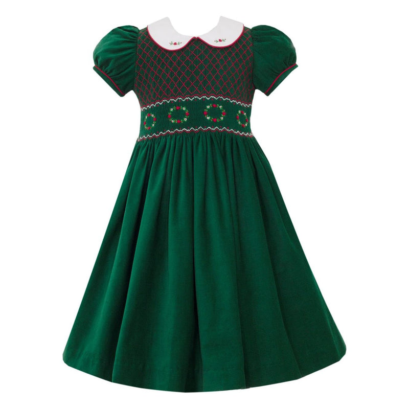 GREEN CORDUROY SMOCKED DRESS