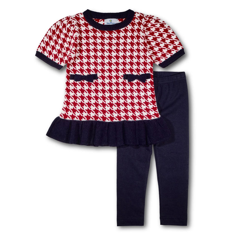 SWEATER TUNIC SET WITH BOWS - - RED/NAVY