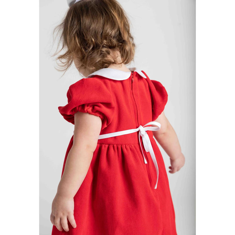 VELVET WAIST DRESS WITH FLOWERS - - RED