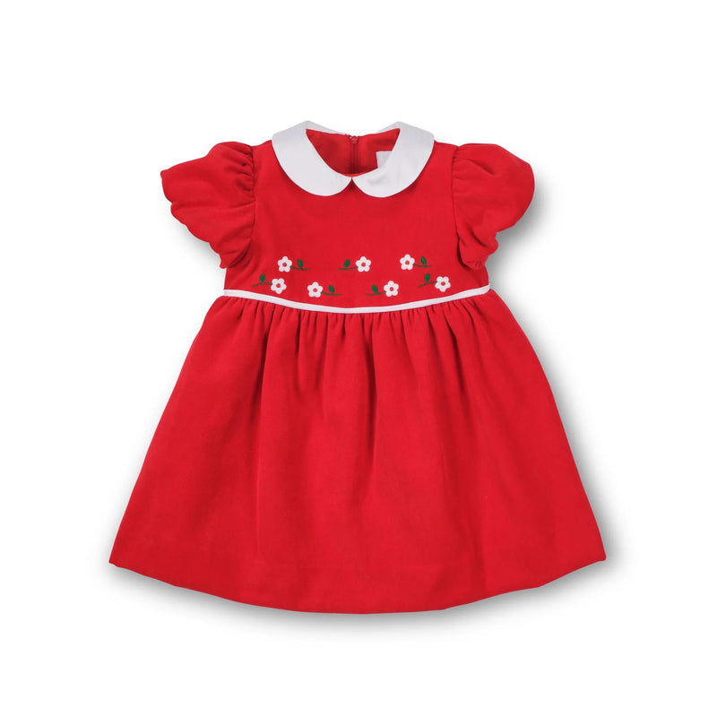 VELVET WAIST DRESS WITH FLOWERS - - RED