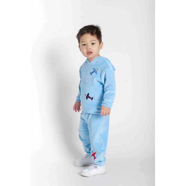 VELOUR HOODIE WITH AIRPLANES- -  BLUE