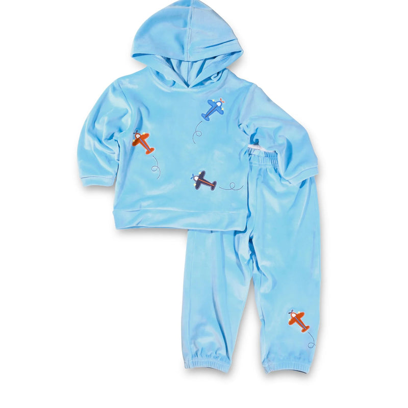 VELOUR HOODIE WITH AIRPLANES- -  BLUE