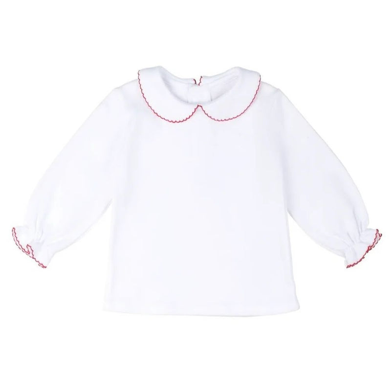KNIT LONG SLEEVE BLOUSE PICOT - - WHITE/RED