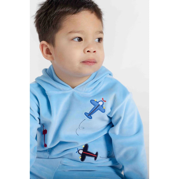 VELOUR HOODIE WITH AIRPLANES- -  BLUE