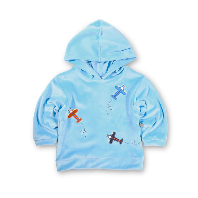 VELOUR HOODIE WITH AIRPLANES- -  BLUE