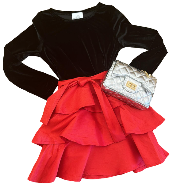 MULTI RUFFLE DRESS RED & BLACK