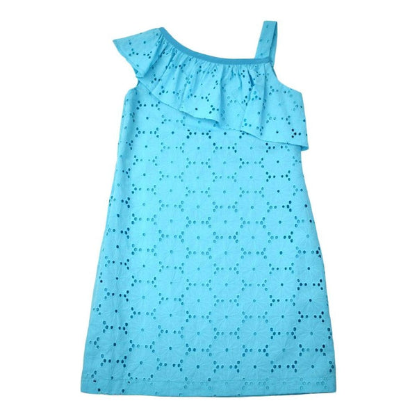ONE SHOULDER DRESS TURQUOISE EYELET