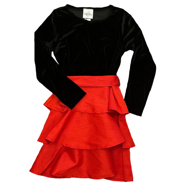 MULTI RUFFLE DRESS RED & BLACK