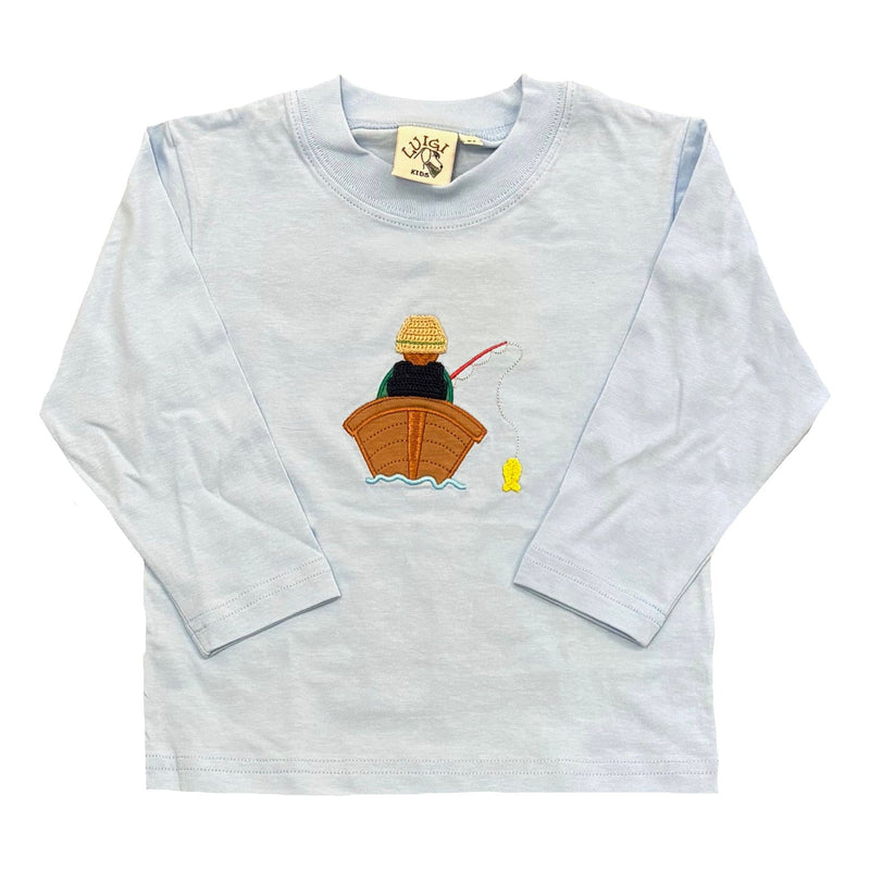 FISHERMAN WITH BOAT LONG SLEEVE TEE SHIRT BLUE