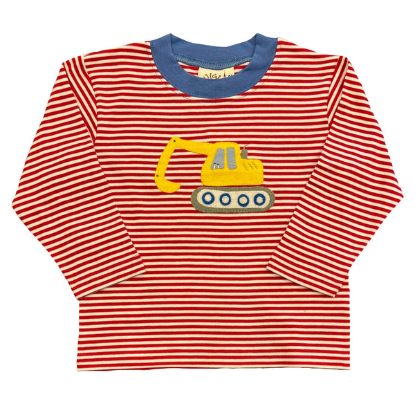 STRIPED BACKHOE LONG SLEEVE TEE SHIRT RED & WHITE