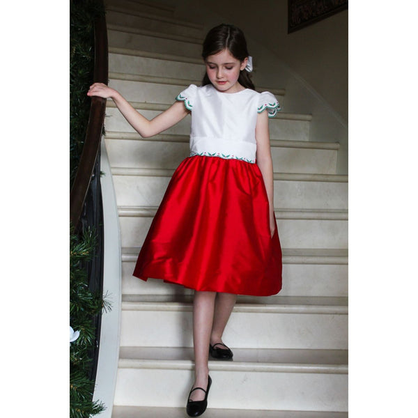 WHITE & RED DRESS WITH HOLLY TRIM