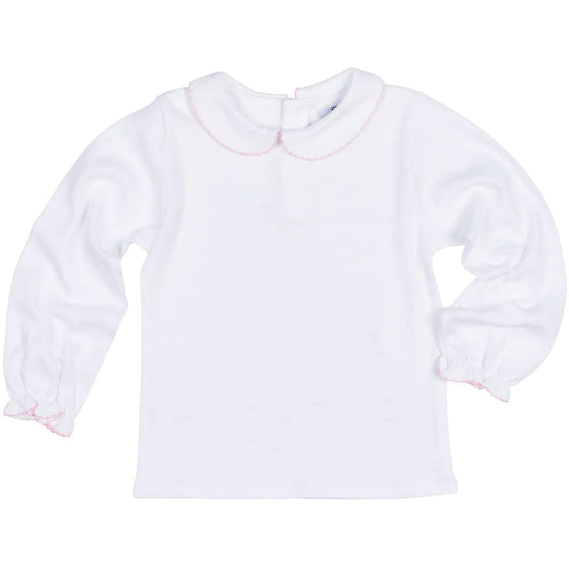 WHITE LS BLOUSE PINK TRIM